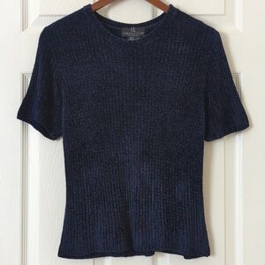 Carole Little 90's Vintage Chenille Knit Short Sleeve Crewneck Sweater Navy M